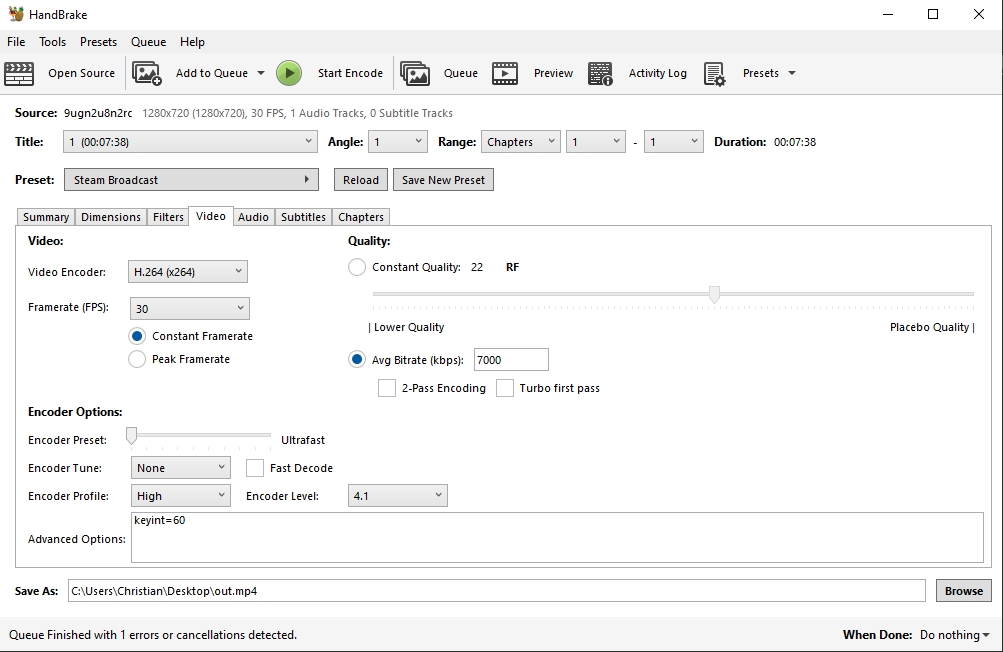 HandBrake screenshot showing the video tab with various h.264 settings