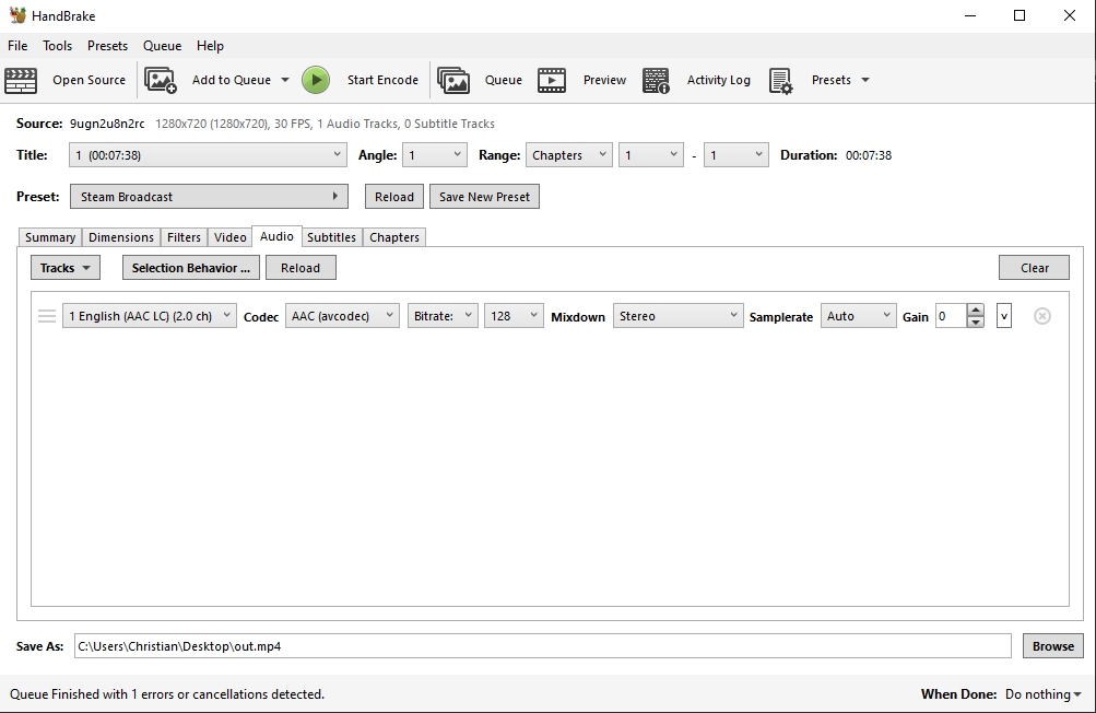 HandBrake screenshot showing the audio tab with AAC and 128kbps bitrate