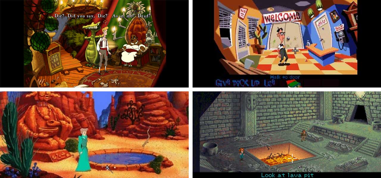 Four screenshots of the games 'Curse of Monkey Island', 'Day of the Tentacle', 'Kings Quest VII' and 'Indiana Jones and the Fate of Atlantis'