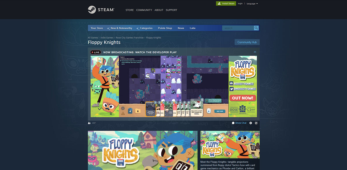 Ein Broadcast-Beispiel: Live-Stream auf der Store-Seite von 'Floppy Knights'