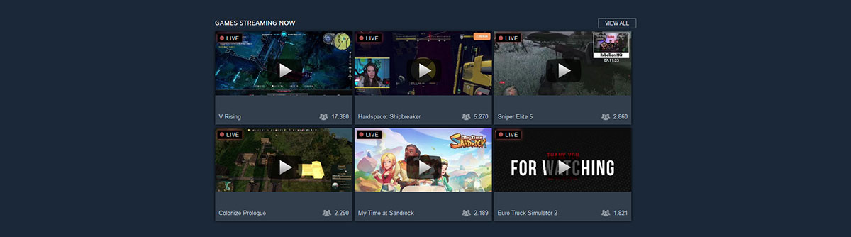 Auswahl von Steam Broadcasts auf der Steam-Store-Frontpage