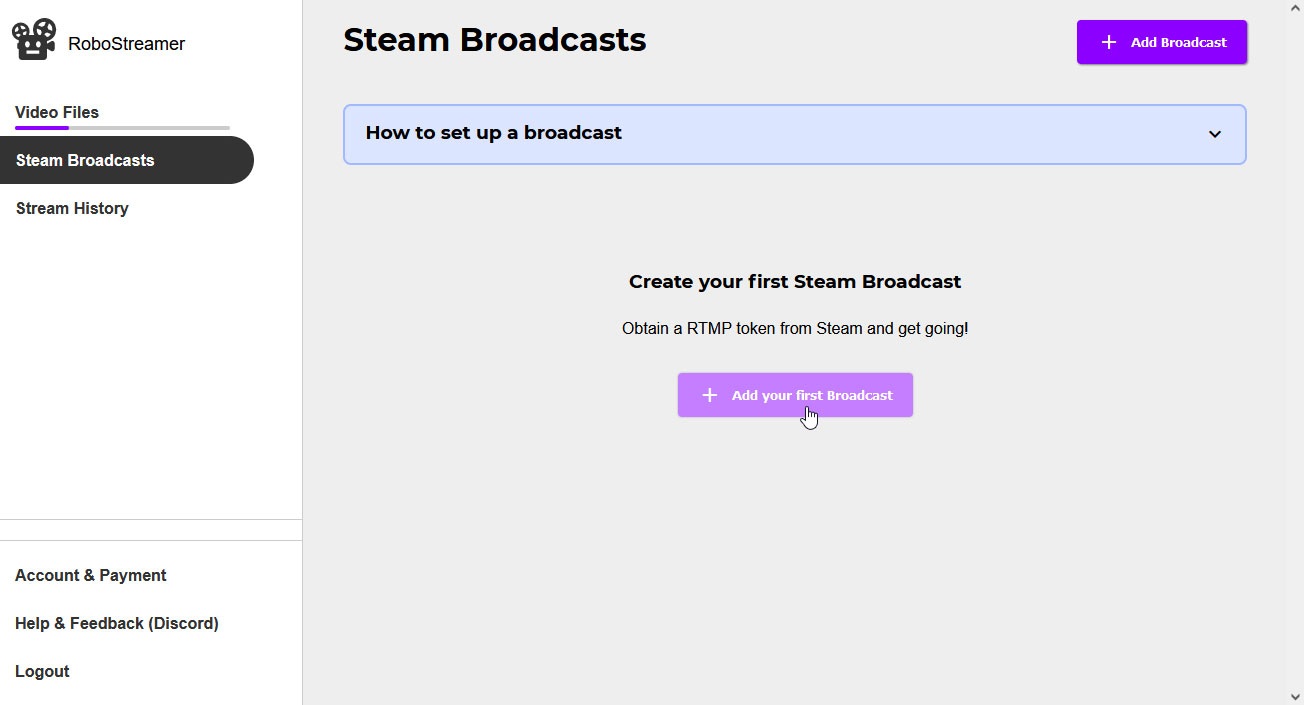 Screenshot of the steam broadcasts section with the highlighted add broadcast button