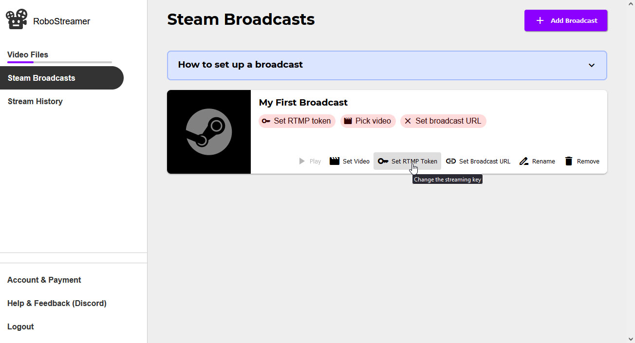 Screenshot showing the created steam broadcast