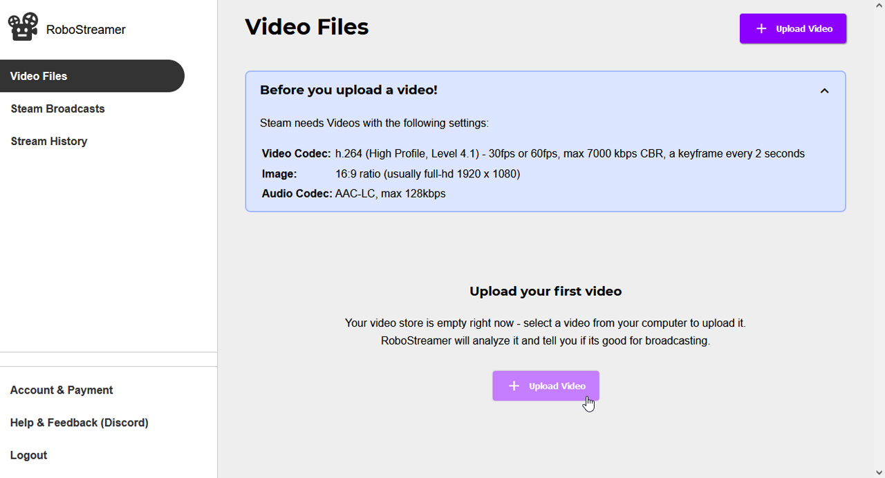 A screenshot of the video files section with the highlighted upload video button